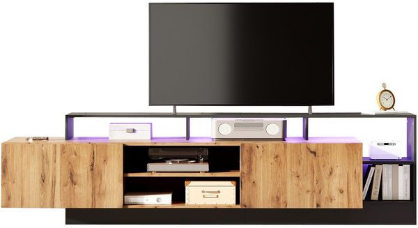 SeedWave Lowboard Holzoptik TV Schrank Fernsehtisch mit LED-Regalen und Staufächer, Mit Offene und Geschlossene Fächer