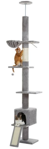 PAWZ Road Kratzbaum Kratzbaum deckenhoch, höhenverstellbar (216-273cm), Katzenturm mit Hängematte und Katzenhöhle, Anti-Sturzgurt