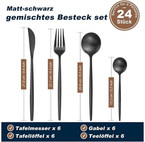 LuxusKollektion Kochbesteck-Set Besteckset 6 Personen Edelstahl schwarz 24 teilig 24 Teilig-schwarz