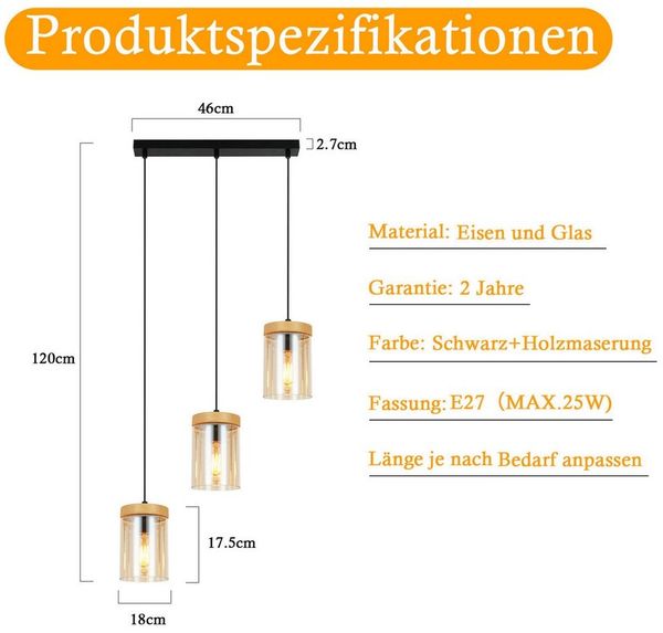 ZMH Pendelleuchte Esszimmer 1/3 Flammig E27 Transparent Hängeleuchte Schlafzimmer Hotel, Einfache Installation, ohne Leuchtmittel, Glas E27 Hängeleuchte Retro Esszimmerlampe