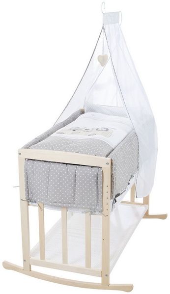 roba® Babybett Stubenbett 4 in 1 - Holz natur - inkl. Matratze & kompletten Textilien, verwendbar als Beistellbett, Wiege (mit Kufen), Bettchen und Bank