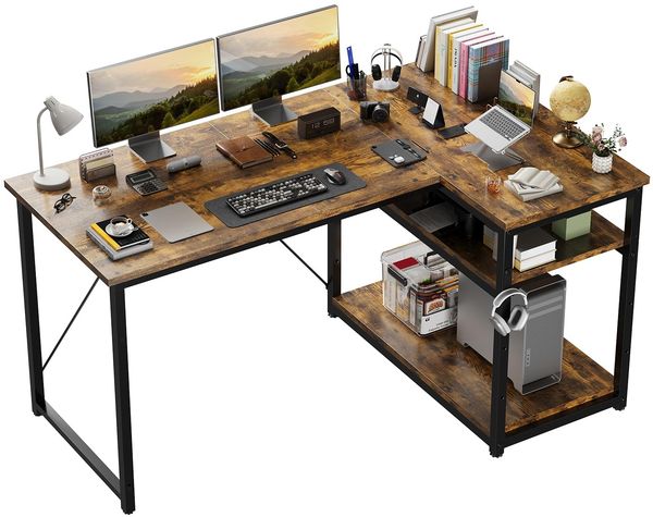JUMMICO L-förmiger Schreibtisch 140x80 cm mit Stauraum, Eck-Computertisch mit umkehrbarem Regal, Stabiler Bürotisch und Arbeitsstation für das Homeoffice,Braun