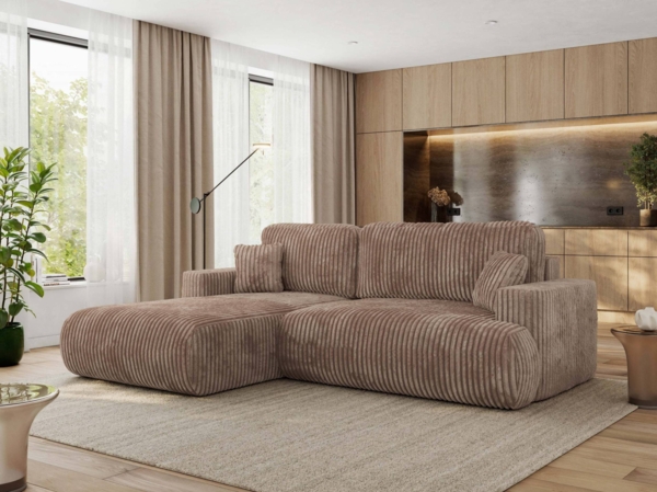 Ecksofa OVO mit schlaffunktion und bettkasten, Wellenfeder, lose Kissen, L-form 271x195 cm - Braun Cord - linke Seite