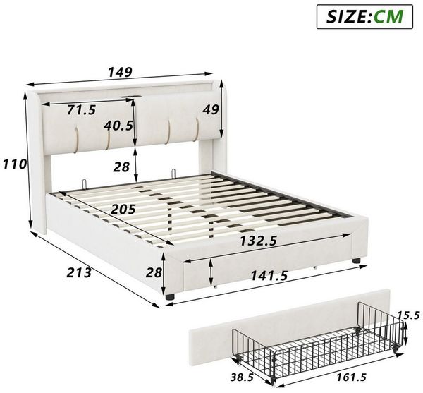 PXloue Polsterbett LED Doppelbett, Kopfteil mit Stauraum,Schubladen,Bettkasten,Samt,140x200 cm