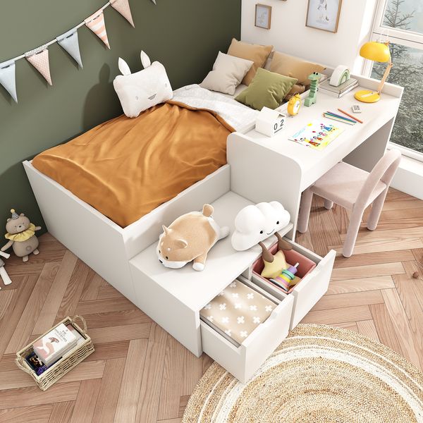 Kinderbett 90×200 cm mit Rausfallschutz, Schreibtisch und Schubladen, Weiß, ohne Matratze