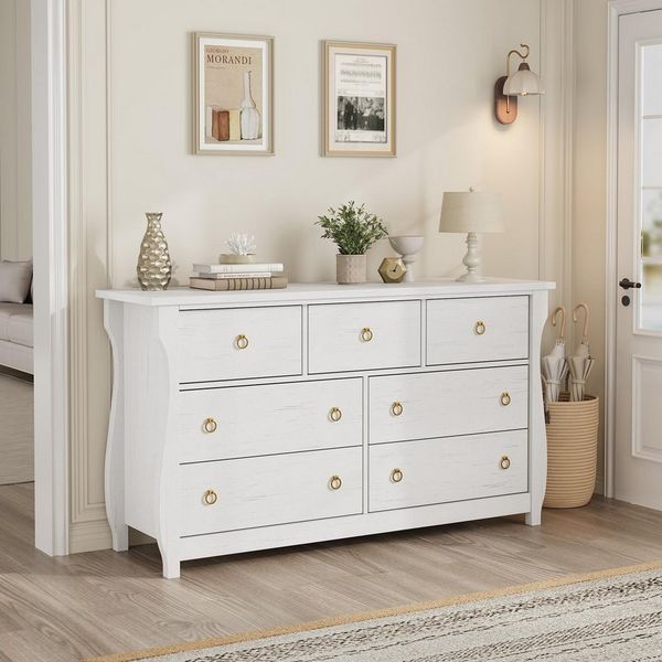 GarveeMore Kommode TV-Schrank mit 6/7 tiefe Schubladen für Schlafzimmer, Wohnzimmer, Flur, im Boho-Modern-Stil, geschwungenes Design, Weiß, 140×40×75 cm