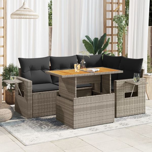 vidaXL 5-tlg. Garten-Sofagarnitur mit Kissen Grau Poly Rattan 3327147