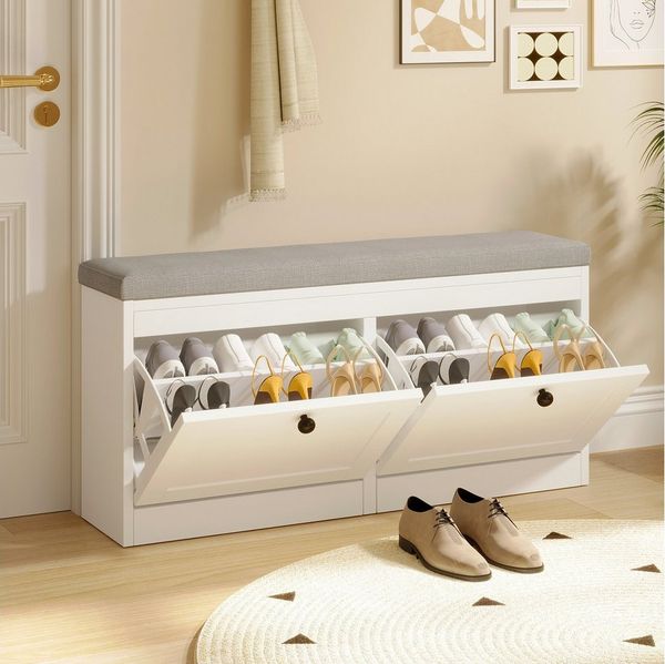 VOWNER Schuhschrank mit 2 Klappen, Sitzbank mit Sitzkissen 106 × 32 × 52 cm
