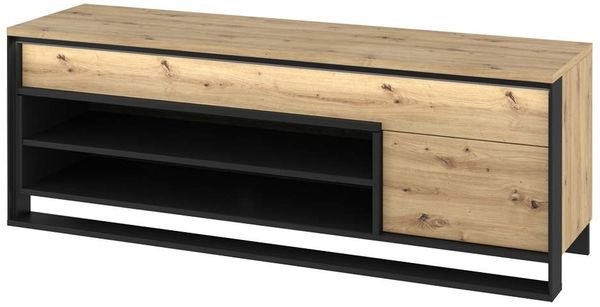 Selsey QUANT - TV-Lowboard in Eiche Artisan mit schwarzem Metallgestell und LED-Beleuchtung, 155 cm breit