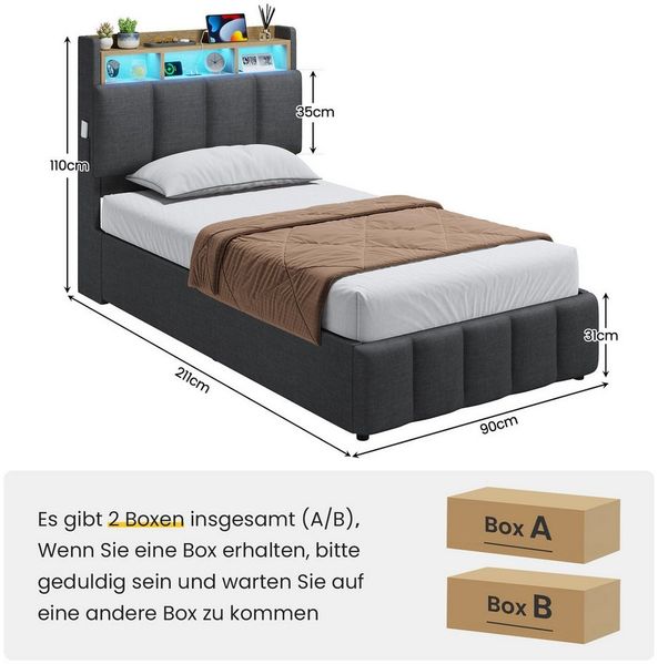 KIMENICH Polsterbett mit LED Beleuchtung und Ladefunktion (1-tlg, Ohne Matratze), Jugendbett Hydraulisches Stauraumbett, 90x200 cm