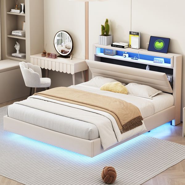 Polsterbett 140x200 cm mit USB-Steckdose und LED-Licht, wendbares Kopfteil, verdecktes Fußteil, Doppelflachbett, Jugendbett, Erwachsenenbett, Leinenstoff Beige