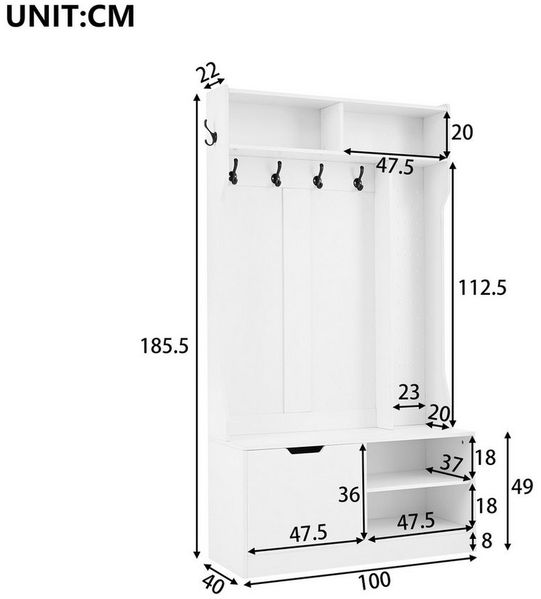 Ulife Garderoben-Set Komplett-Set Flurgarderobe mit Sitzbank, 100×185,5×40 cm (B×H×T), (1-St), mit 6 Haken, 1 Tür und 4 offenen Lagerräumen - Weiß
