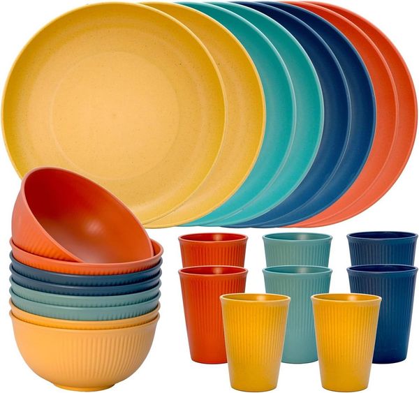 LA CUTE Geschirr-Set 24-teiliges Campinggeschirr aus Kunststoff Tafelservice bunt (24-tlg), 6 Personen, Bruchsicher, BPA-frei, mikrowellen- & spülmaschinengeeignet