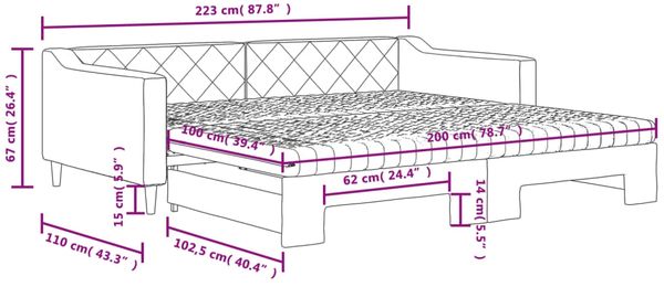 vidaXL Tagesbett Ausziehbar mit Matratze Hellgrau 100x200 cm Stoff 3197449 Bild 12