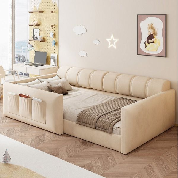 Flieks Polsterbett, Tagesbett Kinderbett 90x200 cm mit dickem Polster und Stauraumtasche
