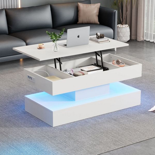 Merax Couchtisch mit LED-Beleuchtung und verstecktem Stauraum (1-St, mit anhebbarer Tischplatte), Höhenverstellbarer Beistelltisch mit hydraulischem Hub, 100x50x42cm