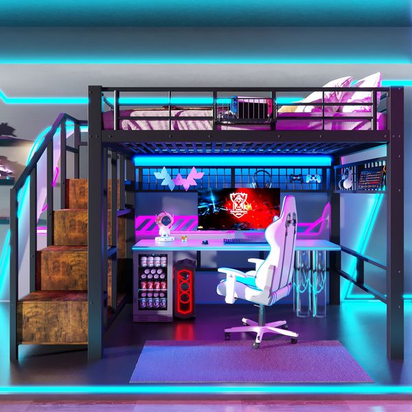 Merax Hochbett, Kinderbett 140×200cm, Jugendbett, mit LED-Lichtleiste, Treppenkonstruktionen mit Stauraum, Ohne Matratze, Schwarz