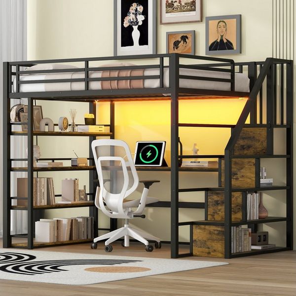 Flieks Hochbett LED Metallbett 140x200cm mit Stauraumtreppe, Schreibtisch und Aufladen