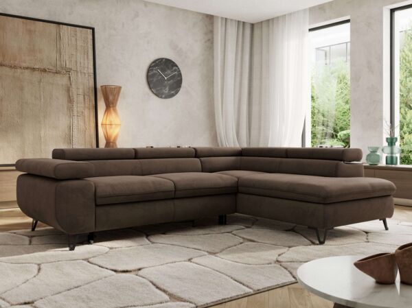 MKS Möbel 'Pablo L-Form' Ecksofa mit Schlaffunktion, verstellbare Kopfstützen, Braun, Samt, Visco Topper, Rechts