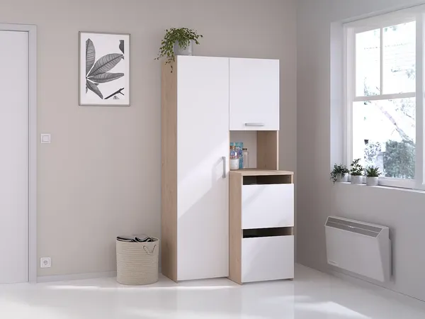 Vente-unique - ERKANO Badezimmersäule und -regal Holz, Platte BeigeWeiß - B 66,8 cm x H 184,4 cm x L 92,5 cm