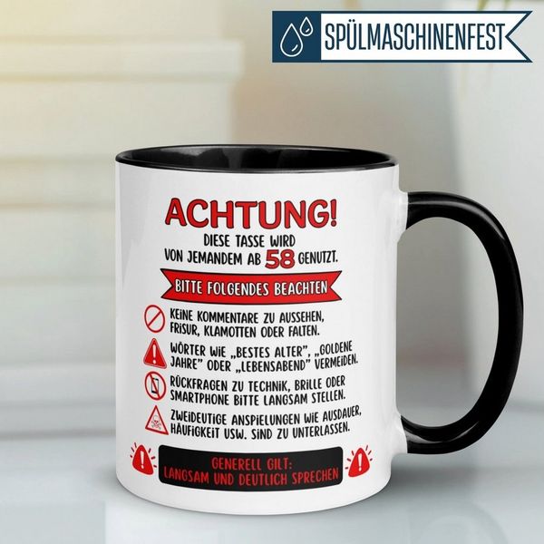 Momentals Tasse 58 Geburtstag Mann Frau – ACHTUNG – Geburtstagsgeschenk Männer Frauen, Gratis Versand · Links-&Rechtshänder · Spülmaschinenfest
