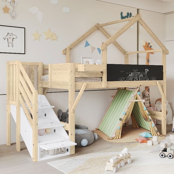 Novelux Etagenbett 90x200 mit Treppe, Fallschutz und Dachdesign – Kiefer MDF Sperrholz in Weiß Natur, mit Tafel, 3 Stauraumfächern