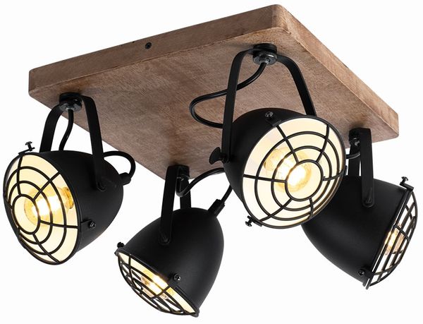 Deckenlampe, Metall Holz, schwarz, Spots verstellbar, L 30 cm
