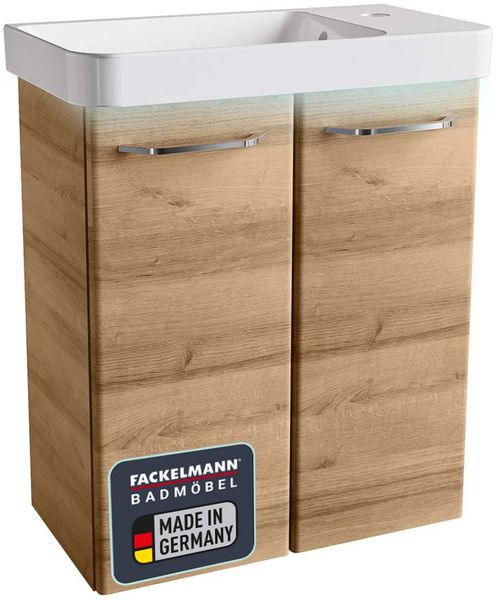 FACKELMANN MILANO Gäste WC Waschtisch Set 55 cm breit, Braun hell, Waschbecken Keramik Weiß + Waschbeckenbeleuchtungun hell, Keramik