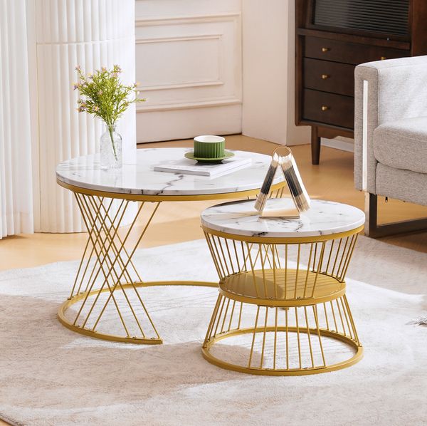 Couchtisch Set 70 x 70 x 47 cm & 45 x 45 x 40 cm – 2 runde Satztische mit Marmormuster und Metallgestell