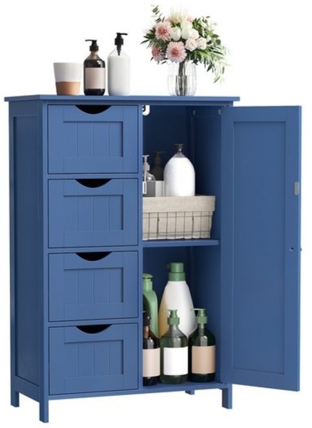 VASAGLE Badschrank, mit 4 Schubladen, Aufbewahrungsschrank, verstellbare Ablage, 30 x 55 x 82 cm, modern, blau
