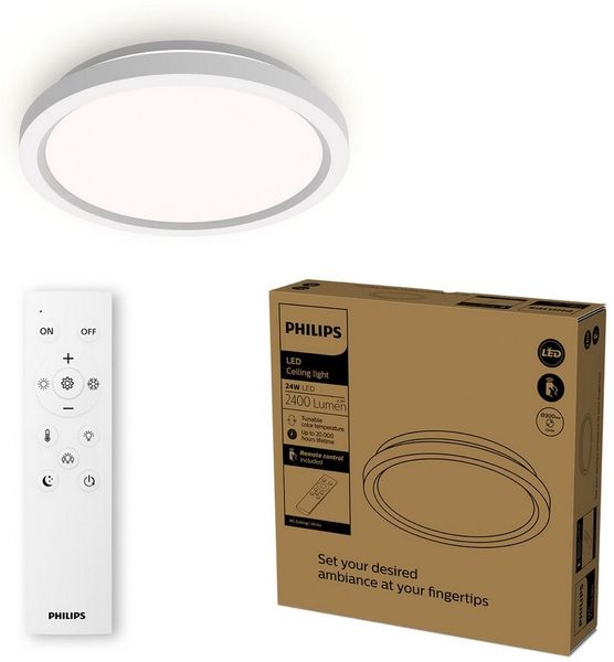 Philips LED-Deckenleuchte mit Fernbedienung, rund, 30 cm, dimmbar, Tunable White, Wohnzimmer, Schlafzimmer, kein Flimmern oder Blenden, modernes Design, weiß, 1er Pack
