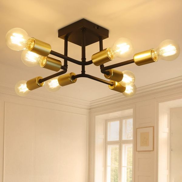 ZMH Deckenlampe Vintage Deckenleuchte Wohnzimmerlampe -Schwarz Gold E27 Industrial 8 Flammig Schlafzimmerlampe Retro für Wohnzimmer Küche flur bar Esszimmer Metall Kronleuchter
