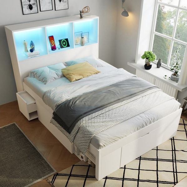 REDOM Holzbett Funktionsbett in Weiß mit LED-Beleuchtung & USB/Type-C, aus Holz (Packung, 1-tlg, 90x200 cm,mit offenen Fächern, Regalen & bewegtem Nachttisch), Für ein modernes Schlafambiente(Ohne Matratze)