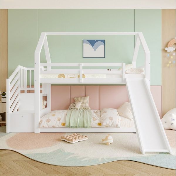 Ulife Etagenbett mit Stauraumtreppe und Rutsche, Hausbett, Kinderbett mit Geländer, mit oberem Lattenrost, 90x200cm