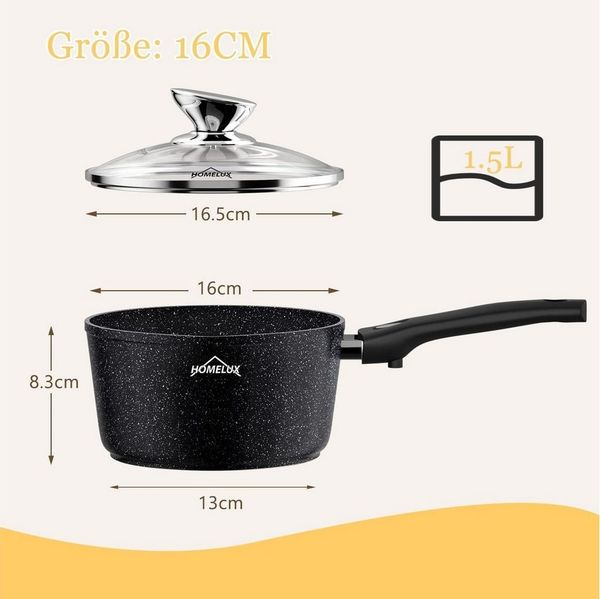 HOMELUX Kasserolle 16/28/20 cm Milchtopf Induktion Topf mit Ausgießer Abnehmbarer Griff, Aluminium, induktionsgeeignet