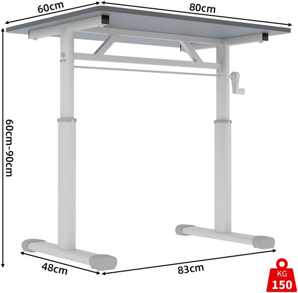 Schreibtisch in Grau mit Handkurbel, Metall- und Holzausführung für flexibles Arbeiten im Sitzen und Stehen,90x80x60 cm Bild 10