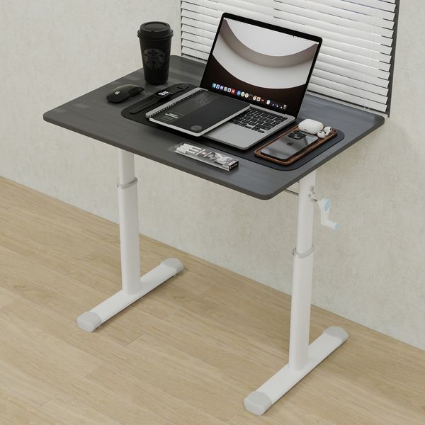 Schreibtisch in Grau mit Handkurbel, Metall- und Holzausführung für flexibles Arbeiten im Sitzen und Stehen,90x80x60 cm