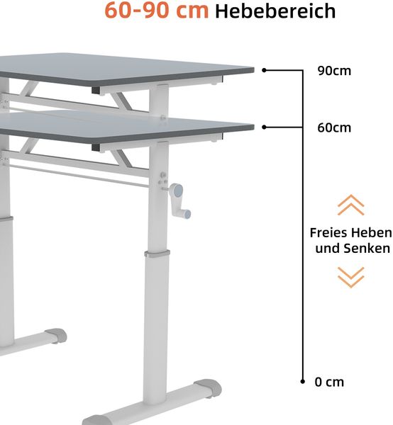 Schreibtisch in Grau mit Handkurbel, Metall- und Holzausführung für flexibles Arbeiten im Sitzen und Stehen,90x80x60 cm Bild 8