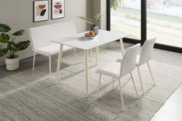 OTTO home Essgruppe Kryce, (Set, 4-tlg, 120 cm Esstisch + 2 Stühle + Bank), Strukturstoff, robustem Metallgestell, Tischplatte aus Sinterstein