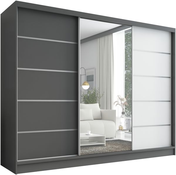 Schwebetürenschrank ARIVA 1 3-türig Schrank 200 cm (mit Spiegel) Farbe: Graphit , Weiß