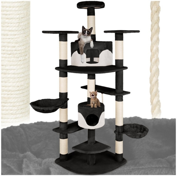 tectake Kratzbaum Katzenbaum Fippi 201 cm Diverse Farben schwarz-Weiss, Vielseitig mit robusten Sisalstangen und Plüschoberfläche