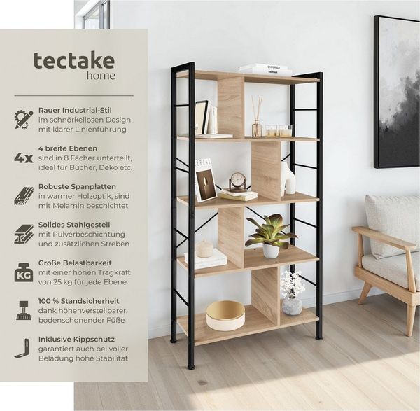 tectake Bücherregal Standregal, inklusive Kippschutz, 75,5 x 30 x 155 cm, Holzregal Charleston 1-tlg, mit 4 Ebenen und 8 Fächern, mit höhenverstellbaren Kunststofffüßen