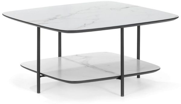 Moderner Design Couchtisch MARMOL 75cm weiss-schwarz Marmor-Optik Metallgestell
