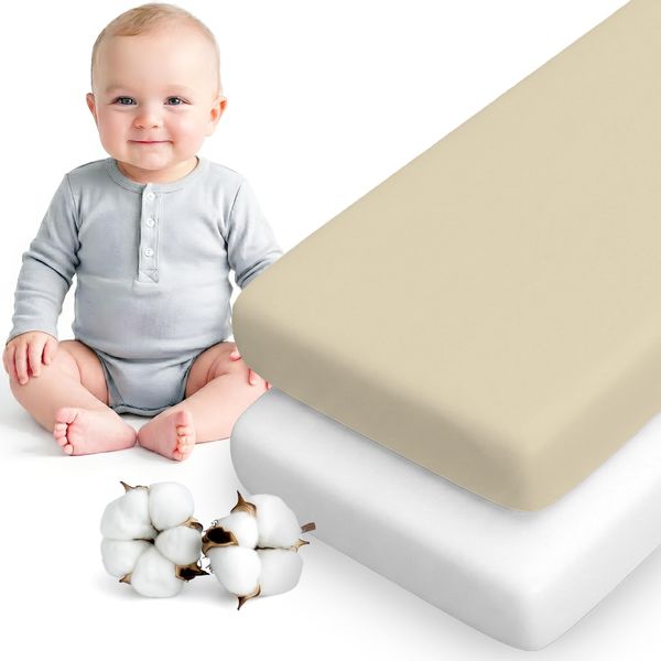 Dreamzie 2er Set Spannbettlaken 40x90 cm Beistellbett - Baumwolle Oeko-Tex - Bettlaken für Stubenwagen & Babybett klein - Beige/Weiß