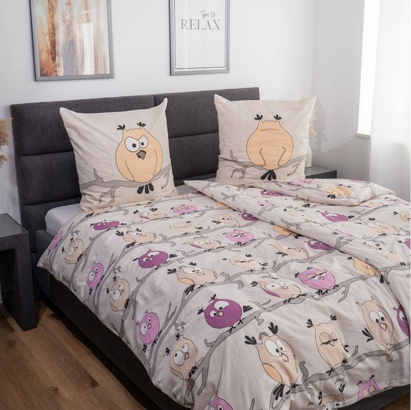 DOBNIG Bettwäsche Flanell, Flanell, 2 teilig, lustige Eulen, sandfarben