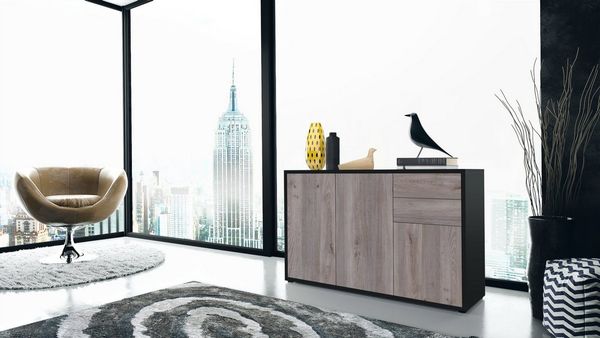 Vladon Sideboard Ben V3, Kommode mit 3 Türen und 2 Schubladen, Schwarz matt/Eiche Nordic (117 x 74 x 36 cm) Bild 2