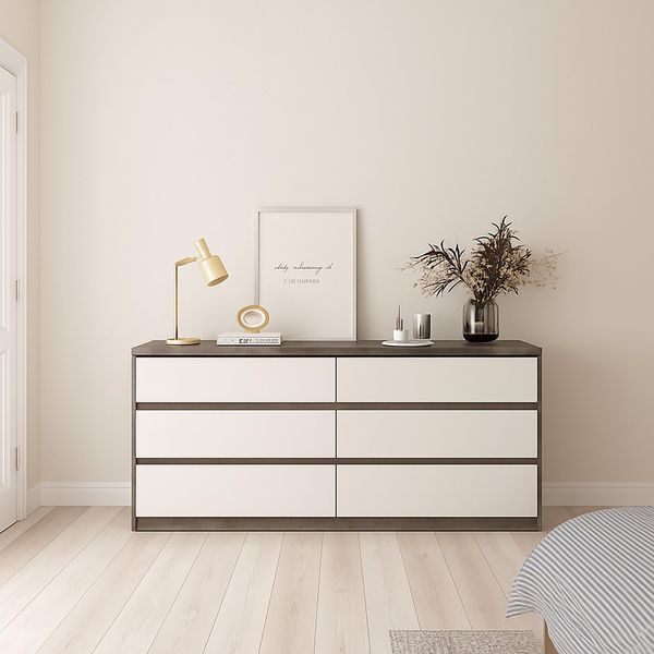 Dmora - Kommode Giselle, Wohnzimmerbuffet, Wohnzimmer-Sideboard, Moderne Küchen-Speisekammer, 154x50 h70 cm, Zement und Weiß