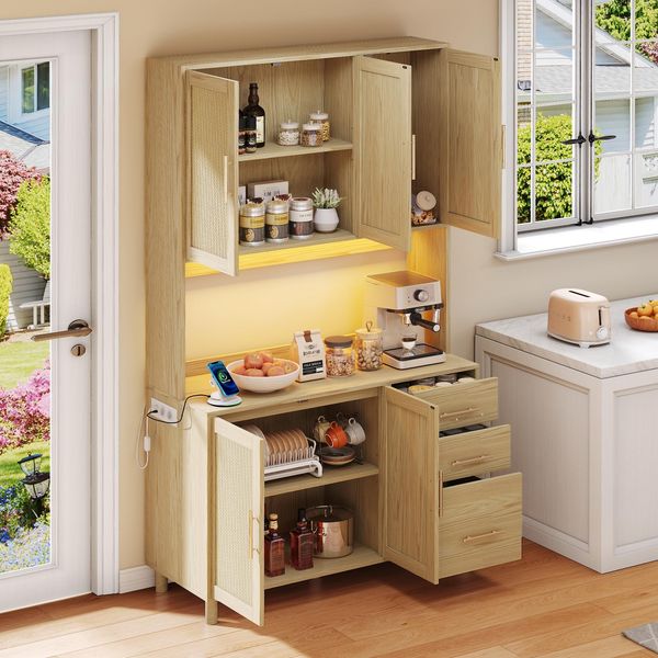 Ball & Cast Buffetschrank, Hochschrank mit verstellbaren Einlegeböden, 3 Schubladen, Steckdosen und integrierter Beleuchtung, 100 x 40 x 183 cm, Natur