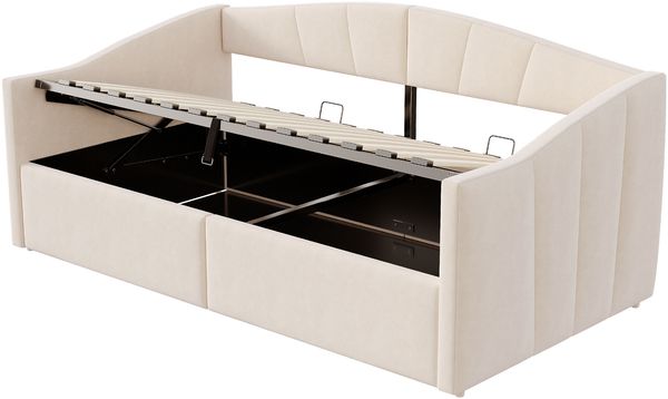 Merax Daybett Einzelbett, 90 x 200cm Polsterbett Schlafsofa , Mit hydraulischer Lagerung, Mit Lattenrost und Armlehnen, Klassisch Gestreift, Hautfreundlicher Samtstoff, Beige Bild 9