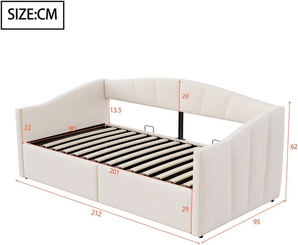 Merax Daybett Einzelbett, 90 x 200cm Polsterbett Schlafsofa , Mit hydraulischer Lagerung, Mit Lattenrost und Armlehnen, Klassisch Gestreift, Hautfreundlicher Samtstoff, Beige Bild 4